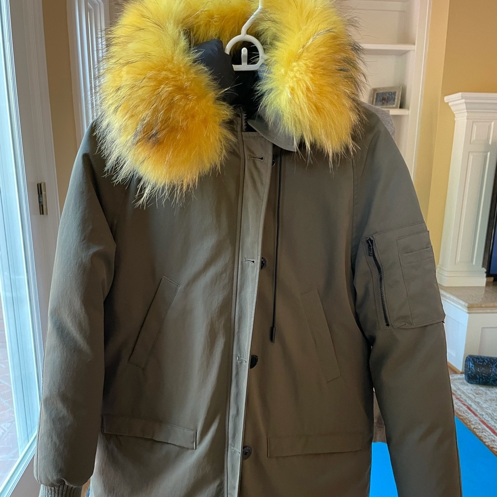KENZO Women Khaki Parka Coat with Yellow Fur Trim